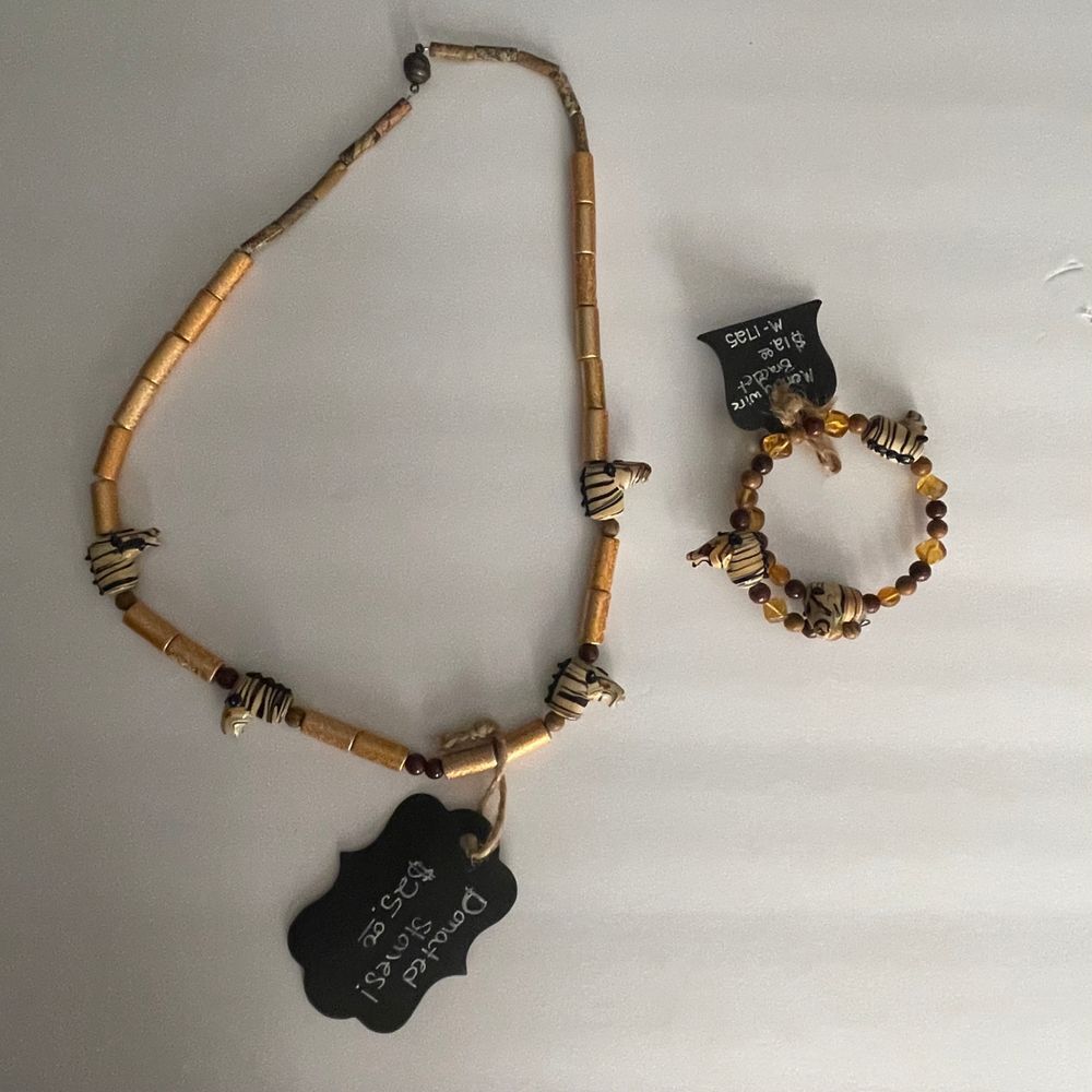 Artisan handcrafted necklace and bracelet safari zebra‎ themed set gold brown